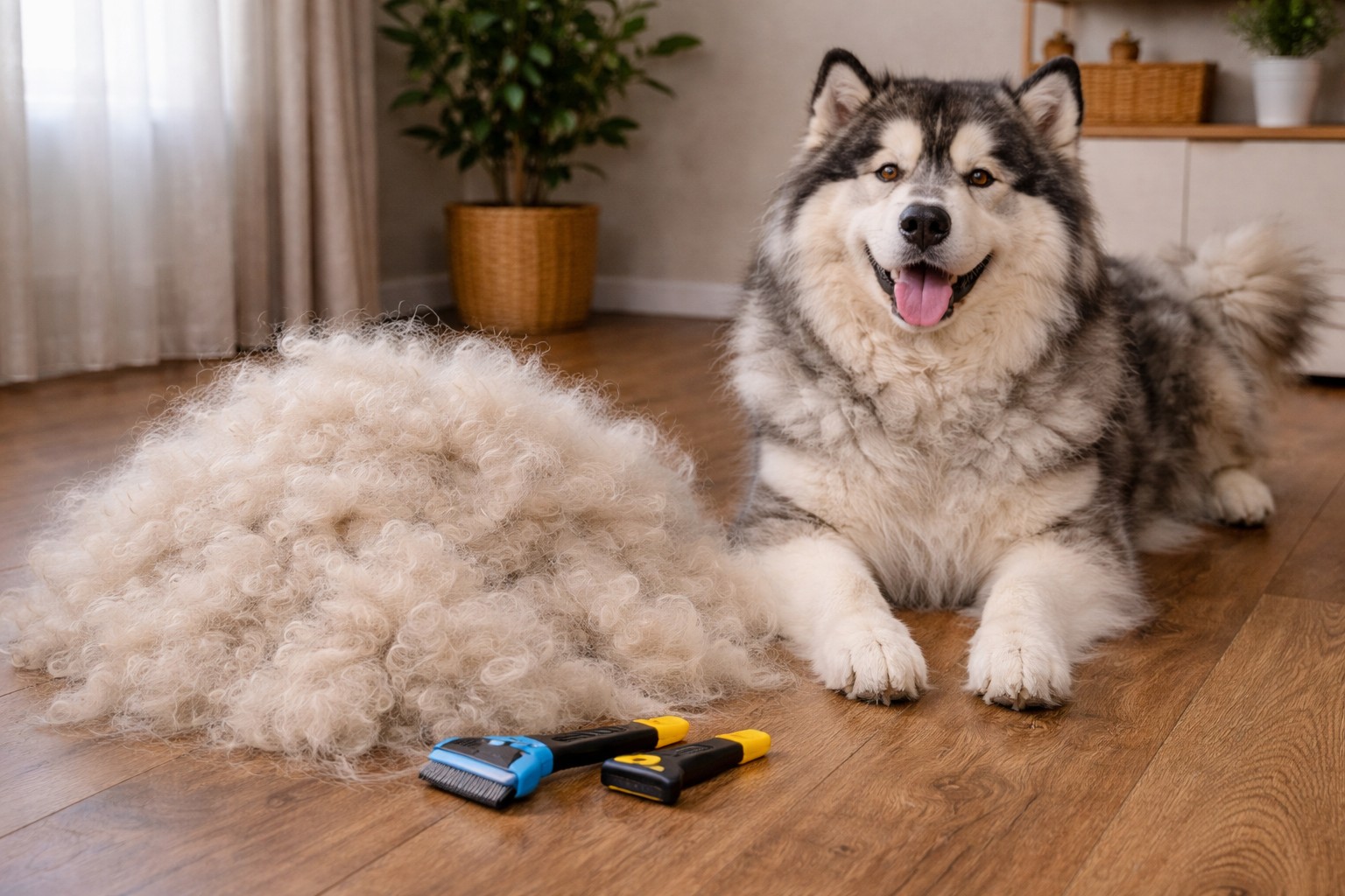 A pile of brushed-out undercoat next to a Husky after seasonal grooming — showing the sheer volume of seasonal shedding