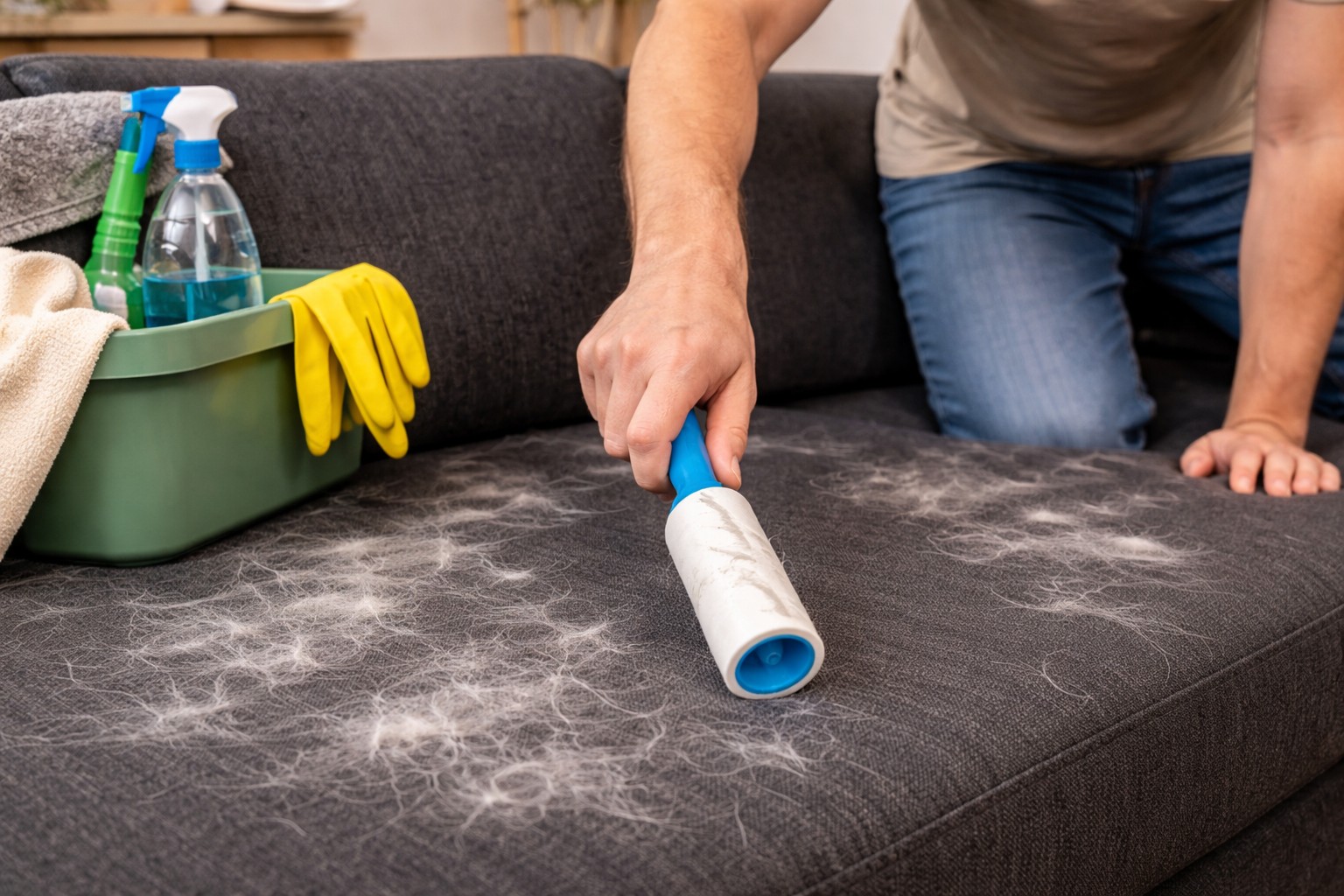 A person using a lint roller to remove pet hair from a dark sofa during cleaning