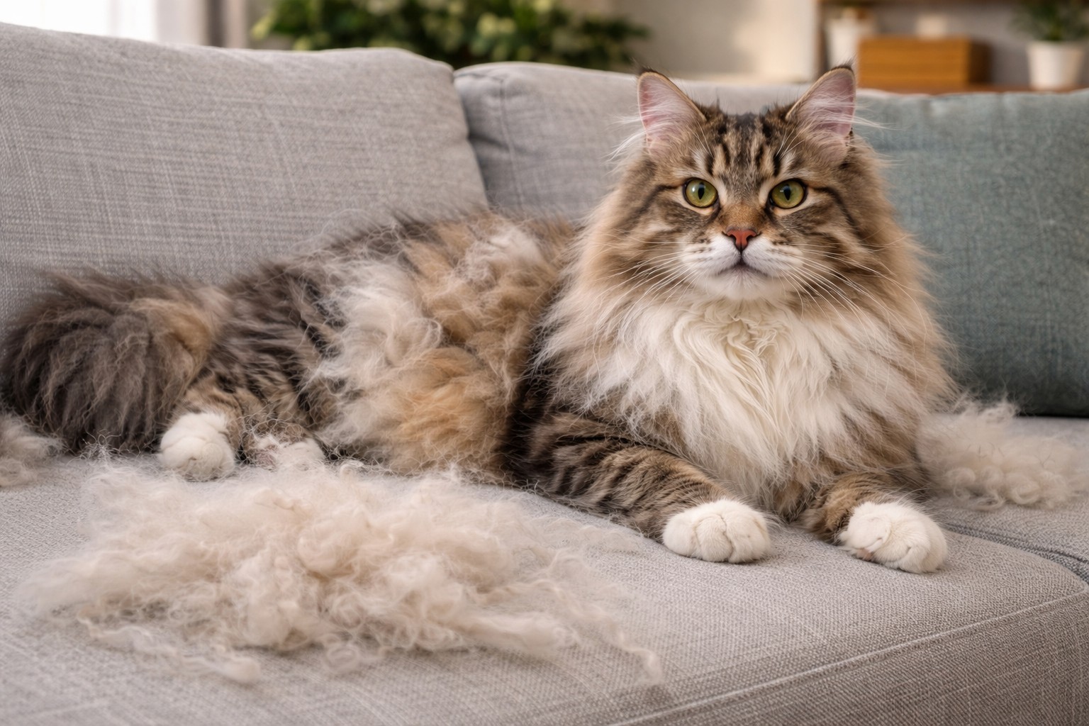 A fluffy cat with visibly shedding undercoat on a sofa — a typical example of seasonal shedding
