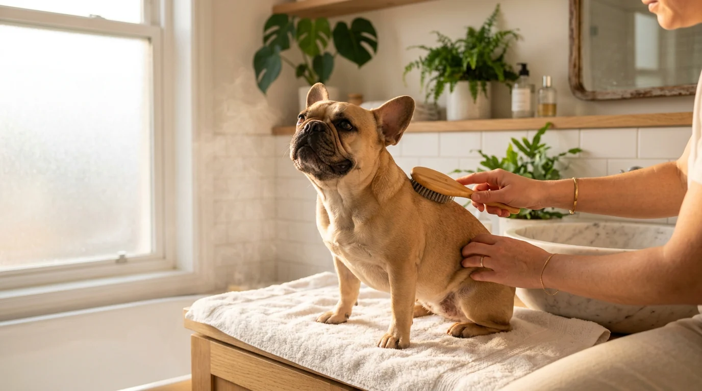 French Bulldog being bathed — correct water temperature and careful attention to skin folds