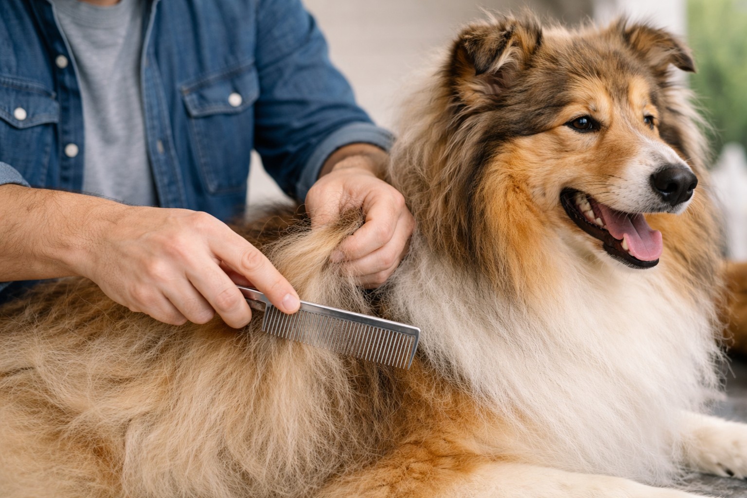Long-haired dog with matted fur — visible typical mat locations behind the ears and under the armpits